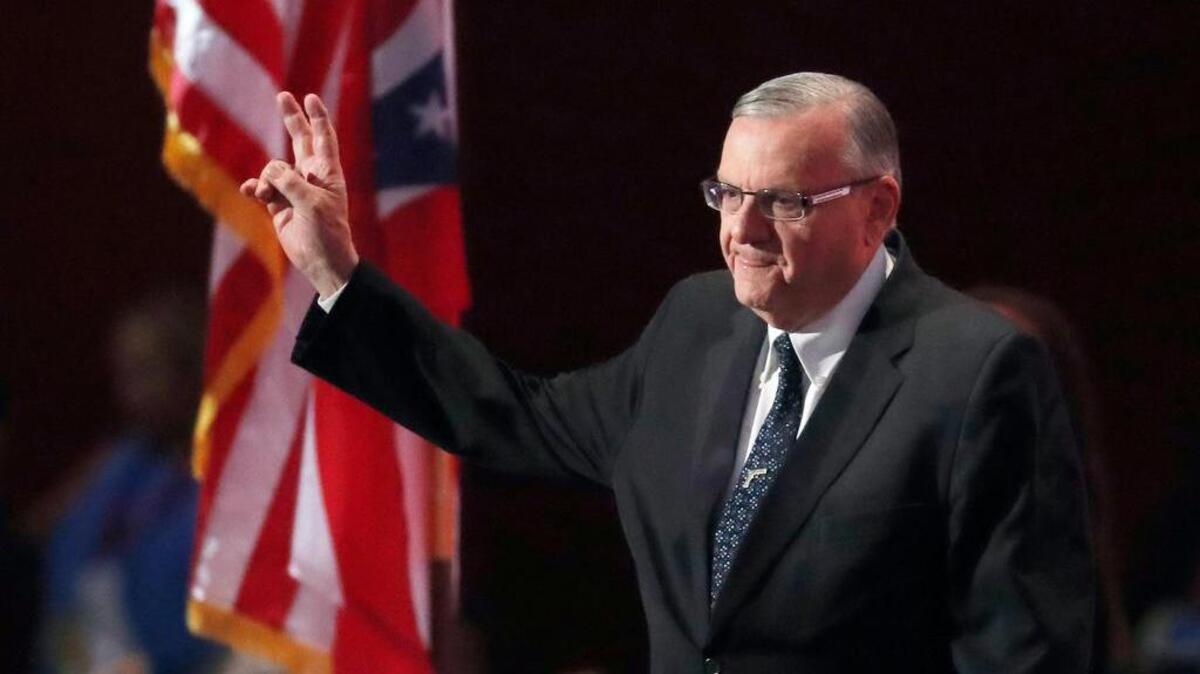 In this July 21, 2016 file photo, Phoenix, Arizona Sheriff Joe Arpaio walks on the stage to speak during the final day of the Republican National Convention in Cleveland, Ohio. The sheriff of metropolitan Phoenix has raised close to $10 million in his bid for a seventh term, a stunning collection of campaign riches for a local police race. Much of the money contributed to Arpaio was donated by a devoted base of backers who live outside Arizona.