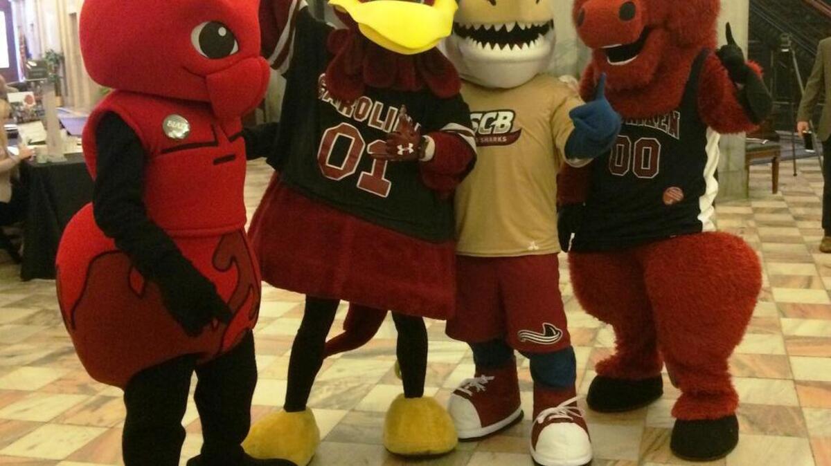 Blaze, the fireant mascot from USC Sumter; Cocky, the gamecock mascot from USC Columbia; Finnegan, the sandshark mascot from USC Beaufort and Ace, the pacer mascot for USC Aiken, pose for pictures in the lobby of the S.C. State House for Carolina Day.