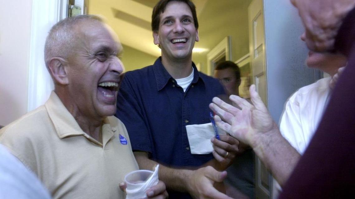 In this 2004 file photo, Sen. Vincent Sheheen, center, celebrates early poll numbers with his father, Fred, left, and supporters at his Camden home. Fred Sheheen died Monday in a car crash.