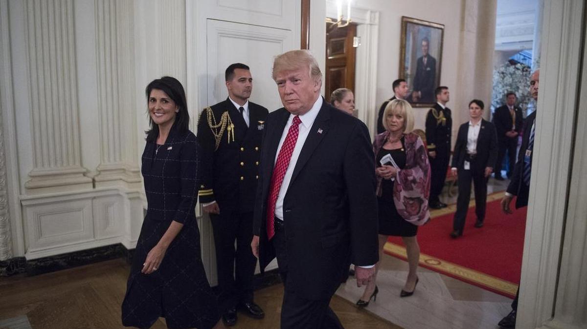 President Donald Trump and U.S. Ambassador Nikki Haley arrive for a White House luncheon with ambassadors from countries on the U.N. Security Council.