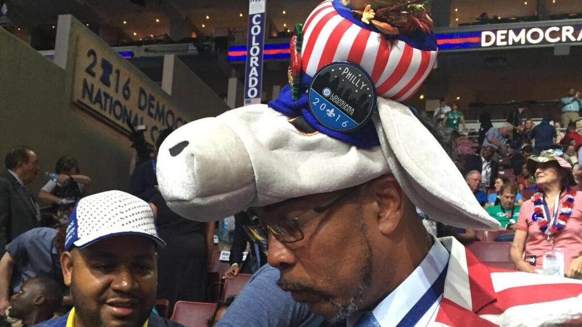 A fellow Democratic delegate makes his affiliation clear at the national convention in Philadelphia.