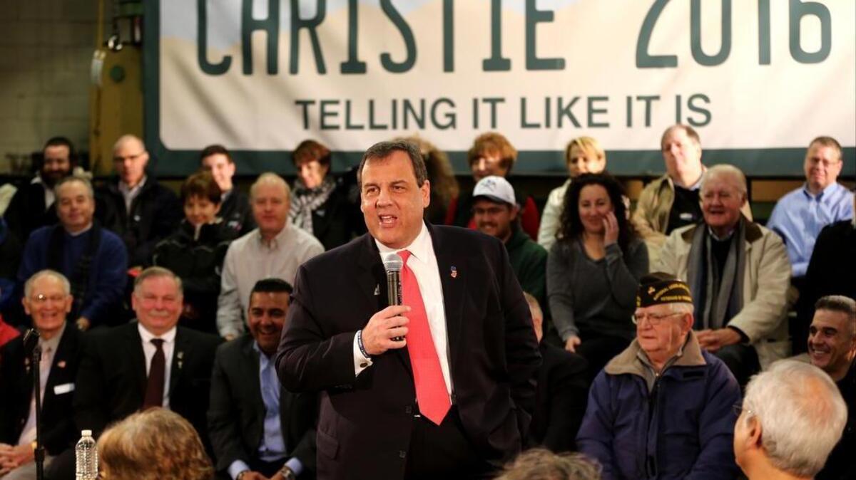 New Jersey Gov. Chris Christie speaks Monday at a town hall meeting at the Gilchrist Metal Company in Hudson, N.H.