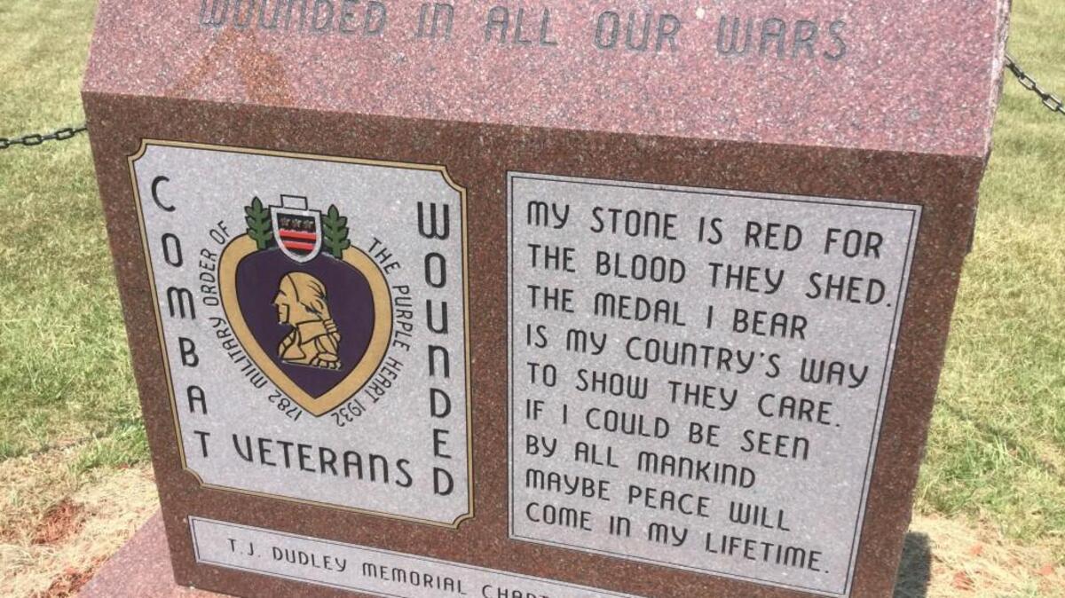 The monument naming the York County chapter of the Military Order of the Purple Heart for the late Marine T.J. Dudley who died in Afghanistan in 2011.