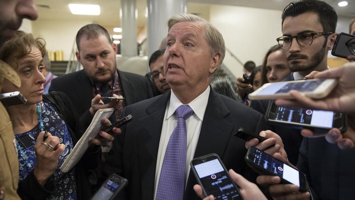 Sen. Lindsey Graham, R-S.C., chairman of the Senate Judiciary Subcommittee on Crime and Terrorism, is questioned by reporters, at the Capitol in Washington, Thursday, Oct. 19, 2017.
