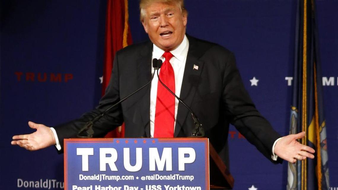 Republican presidential candidate, businessman Donald Trump speaks aboard the aircraft carrier USS Yorktown in Mt. Pleasant on Monday.