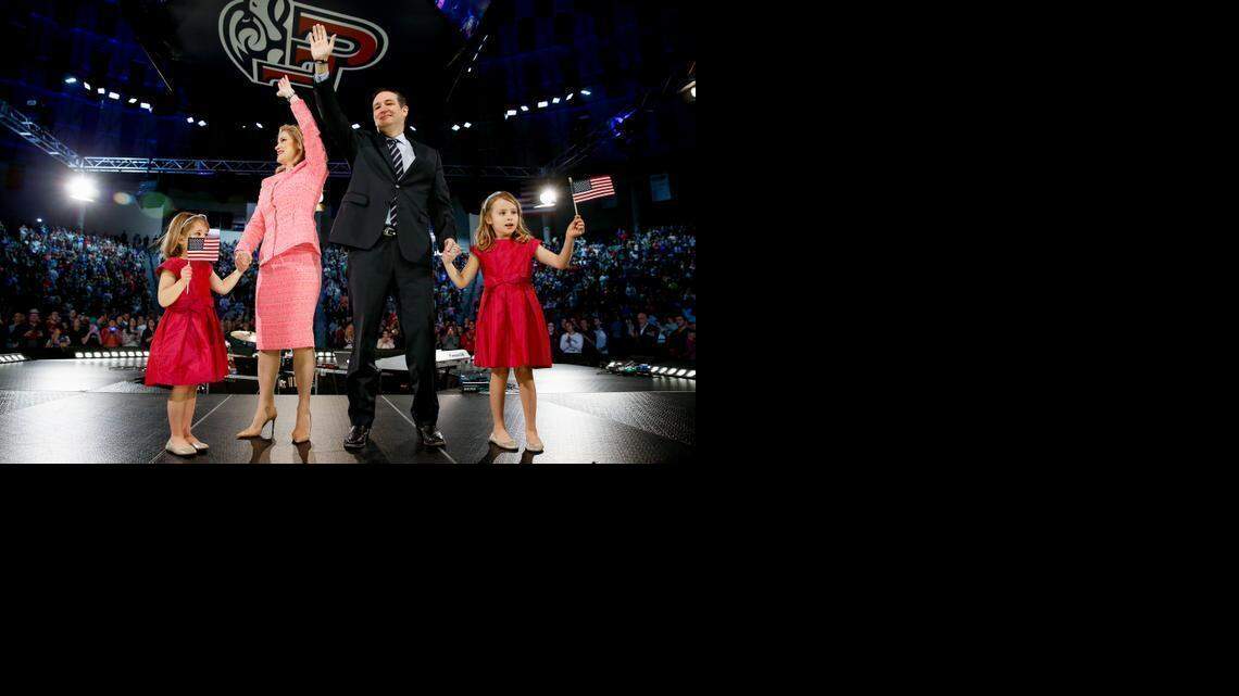 
Sen. Ted Cruz, R-Texas, his wife Heidi, and their two daughters Catherine, 4, left, and Caroline, 6, right, wave on stage after he announced his campaign for president at Liberty University, in Lynchburg, Va., on Monday.



