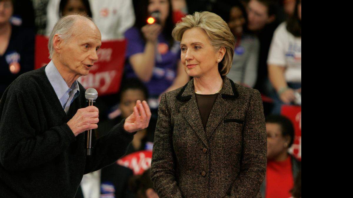 
Former S.C. Gov. Dick Riley, left, and Hillary Clinton address supporters during a campaign stop at Columbia College during her 2008 presidential campaign.
