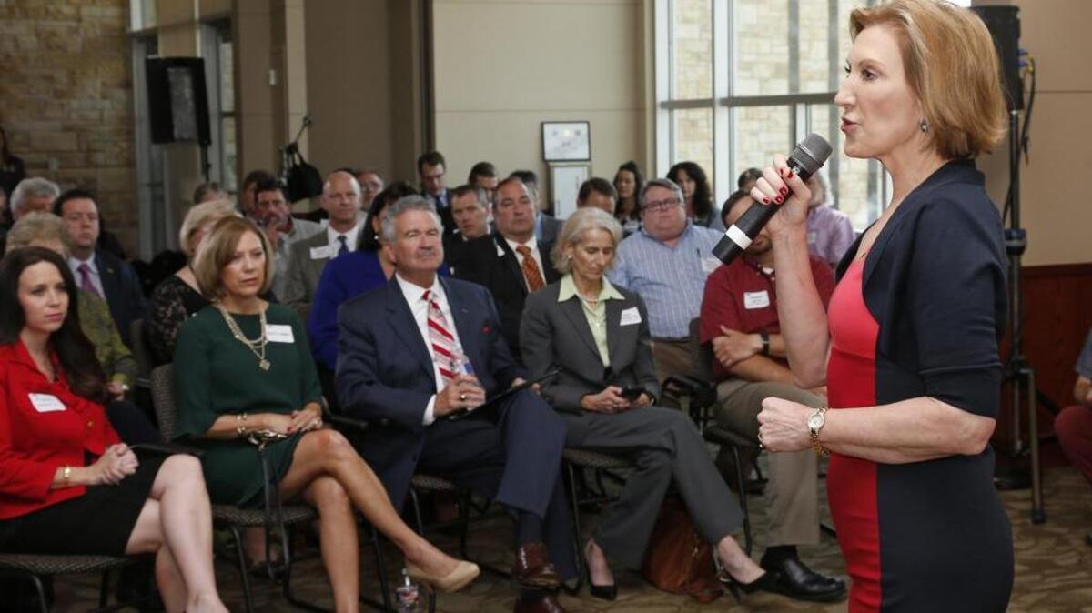 
Republican presidential candidate, businesswoman Carly Fiorina, speaks to a group of more than 200 people at the Oklahoma Independent Petroleum Association, in Oklahoma City, Tuesday. Fiorina spoke Friday to a town-hall meeting in Aiken. (AP Photo/Sue Ogrocki)
