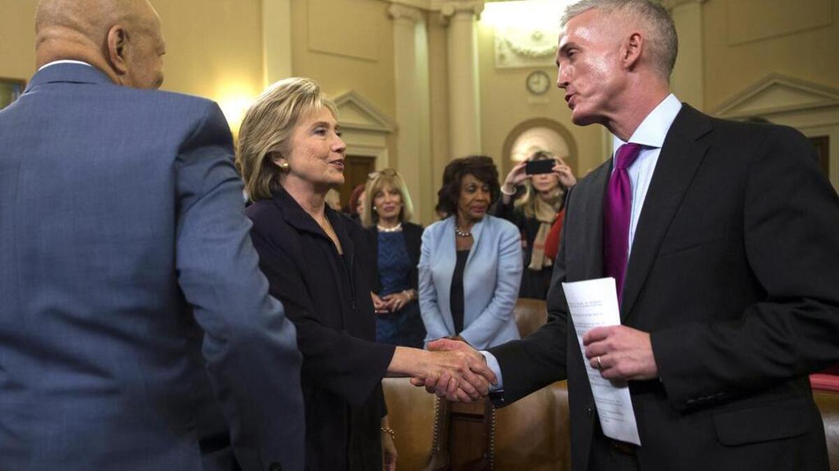 U.S. Rep. Trey Gowdy, R-Spartanburg, shakes hands with Democratic presidential candidate and former Secretary of State Hillary Clinton after a House Select Committee on Benghazi hearing on Capitol Hill in October.