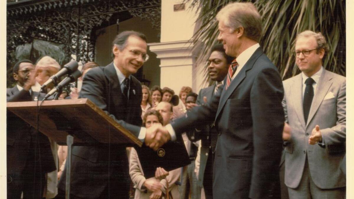 
Then-S.C. Gov. Dick Riley shaking hands with President Jimmy Carter during a 1980 campaign rally in front of the S.C. Governor’s Mansion, a few days before Carter lost his re-election bid to Republican Ronald Reagan.
