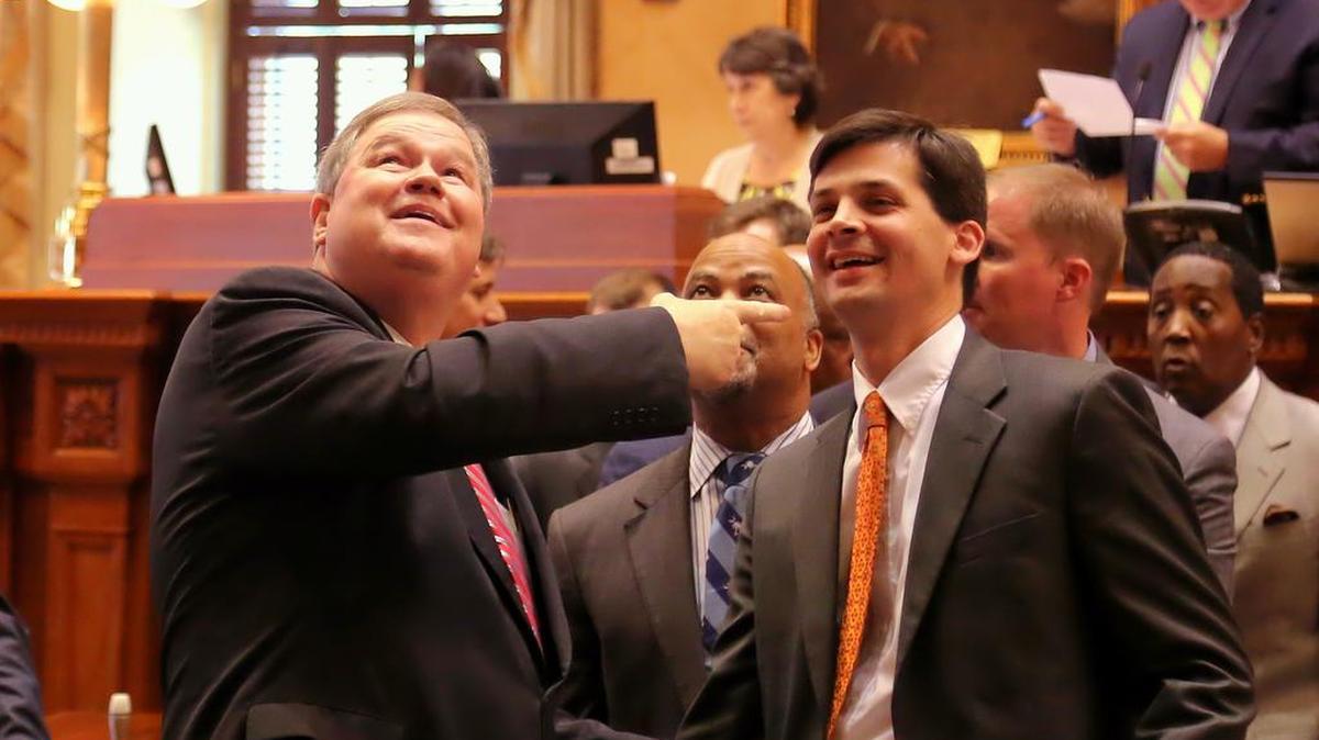 Sen. Yancey McGill points out Sen. Shane Massey to his family in the balcony in 2014.