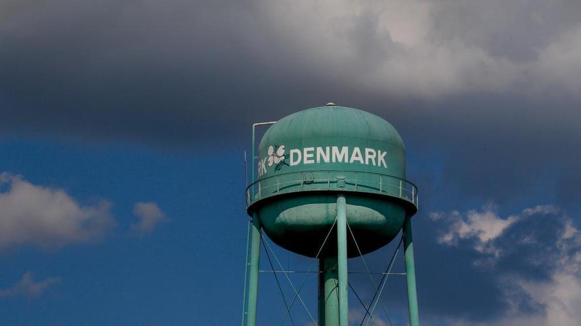 Water tower in Denmark, S.C., on U.S. 321 in Bamberg County, a town of about 3,000 known for its annual Dogwood Festival, and as home to Voorhees College and the late artist Jim Harrison.