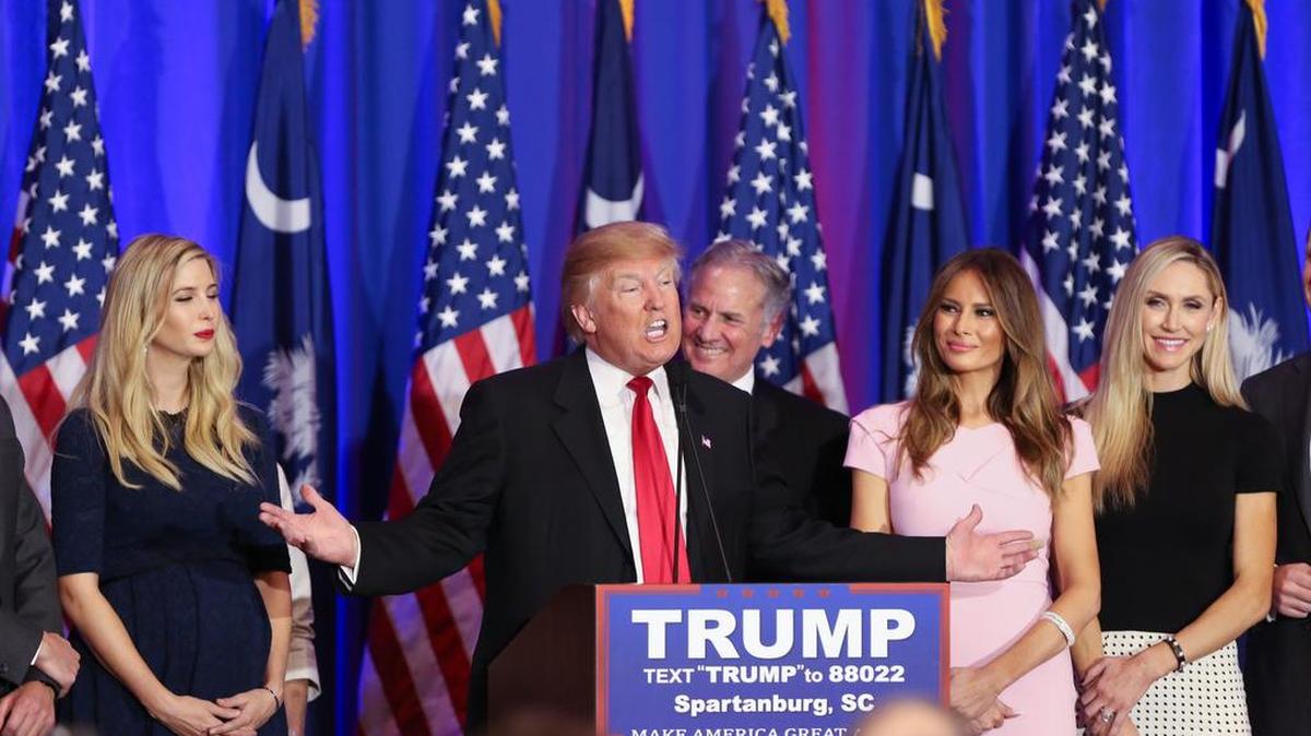 Republican presidential frontrunner Donald Trump thanks South Carolina with family members and South Carolina Lt. Gov. Henry McMaster during his watch party at the Spartanburg Marriott Heritage Ballroom.