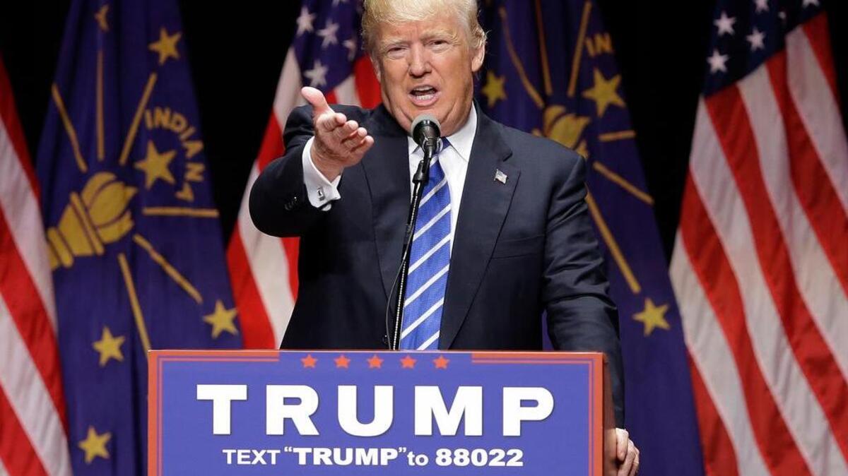 Republican presidential candidate Donald Trump speaks during a campaign stop at Old National Events Plaza, Thursday, April 28, 2016, in Evansville, Ind.