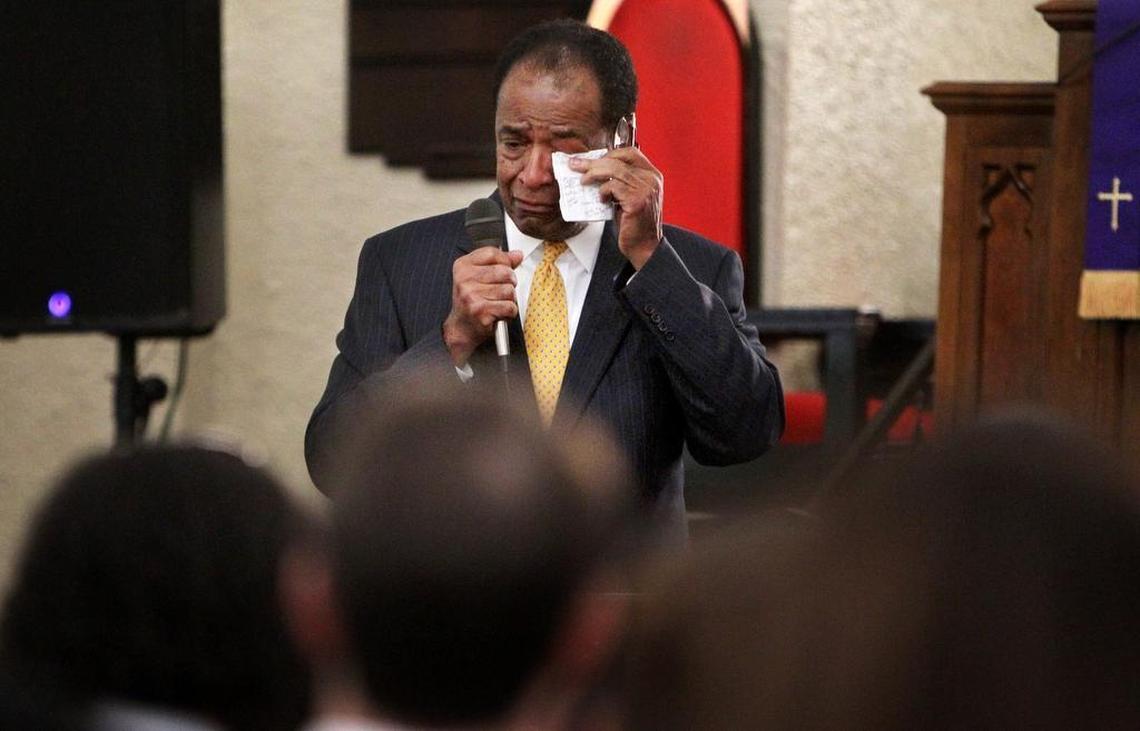 Civil rights activist Cleveland Sellers is emotional as he recalls details of the Orangeburg Massacre inside Trinity United Methodist Church.