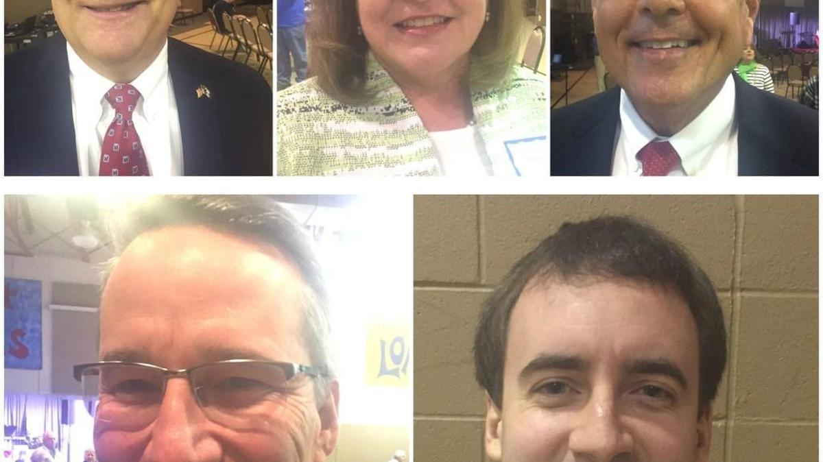 The candidates who attended the March 8 forum are, clockwise from left: Connelly, Few, Norman, Pope and Wampler