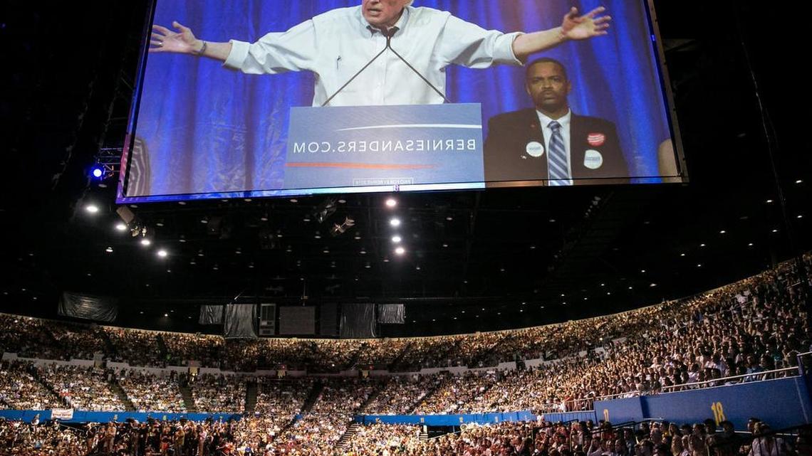 
Deomcratic presidential candidate Bernie Sanders speaks to a capacity crowd during a campaign event Monday in Los Angeles.
