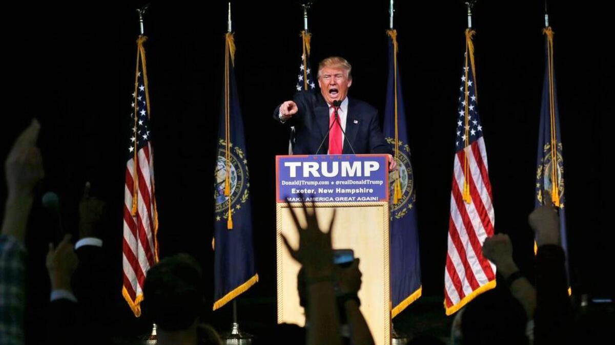 Republican presidential candidate Donald Trump takes questions during a campaign stop at Exeter Town Hall in Exeter, N.H., Thursday, Feb. 4, 2016.