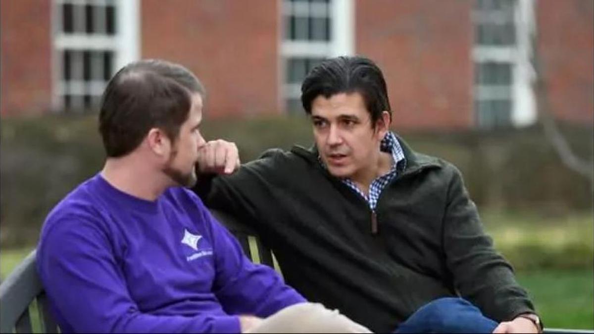 Furman political science professor Akan Malici, right, talks with student Vernon Cooper on campus on Thursday, Feb. 2, 2017. Malici, who is Muslim, feels that people have a false understanding of Muslims, in part, because they do not really know Muslims.