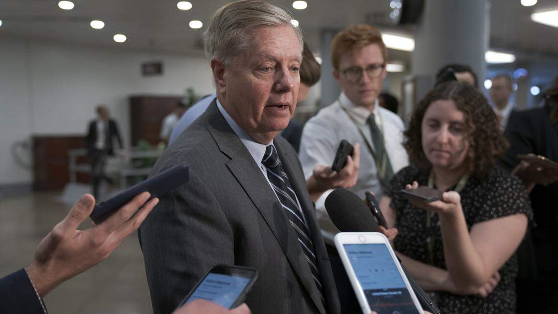 Senate Judiciary Committee Chairman Lindsey Graham, R-S.C., takes questions from reporters following a closed-door briefing on Iran, at the Capitol in Washington, Wednesday, Sept. 25, 2019.