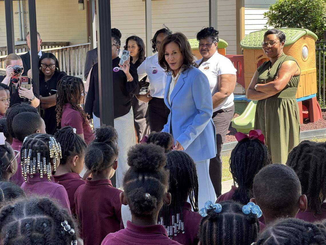 Former Vice President Kamala Harris speaks to students at the Center for Learning Inc. on Thursday, April 16, 2026 in Columbia, SC.