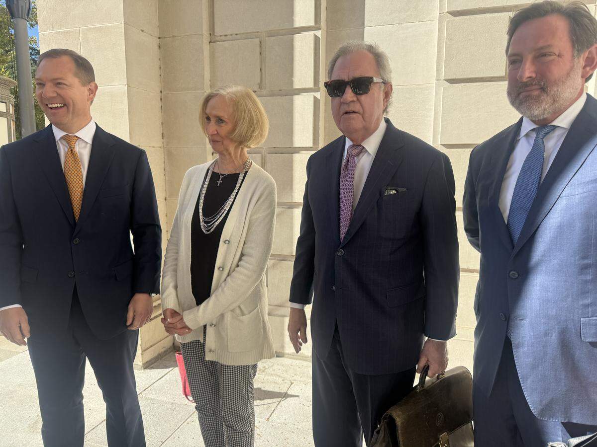 State Sen. Wes Climer, R-York, Carol Herring and their attorneys Dick Harpootlian and Phillip Barber speak outside the state Supreme Court on Wednesday, Oct. 22, 2025, about their challenge to a $1,500-a-month lawmaker pay raise for in-district compensation.