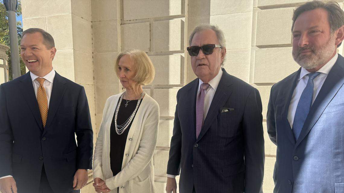 State Sen. Wes Climer, R-York, Carol Herring and their attorneys Dick Harpootlian and Phillip Barber speak outside of the state Supreme Court Wednesday, Oct. 22, 2025 about their challenge to a $1,500-a-month lawmaker pay raise for in-district compensation.