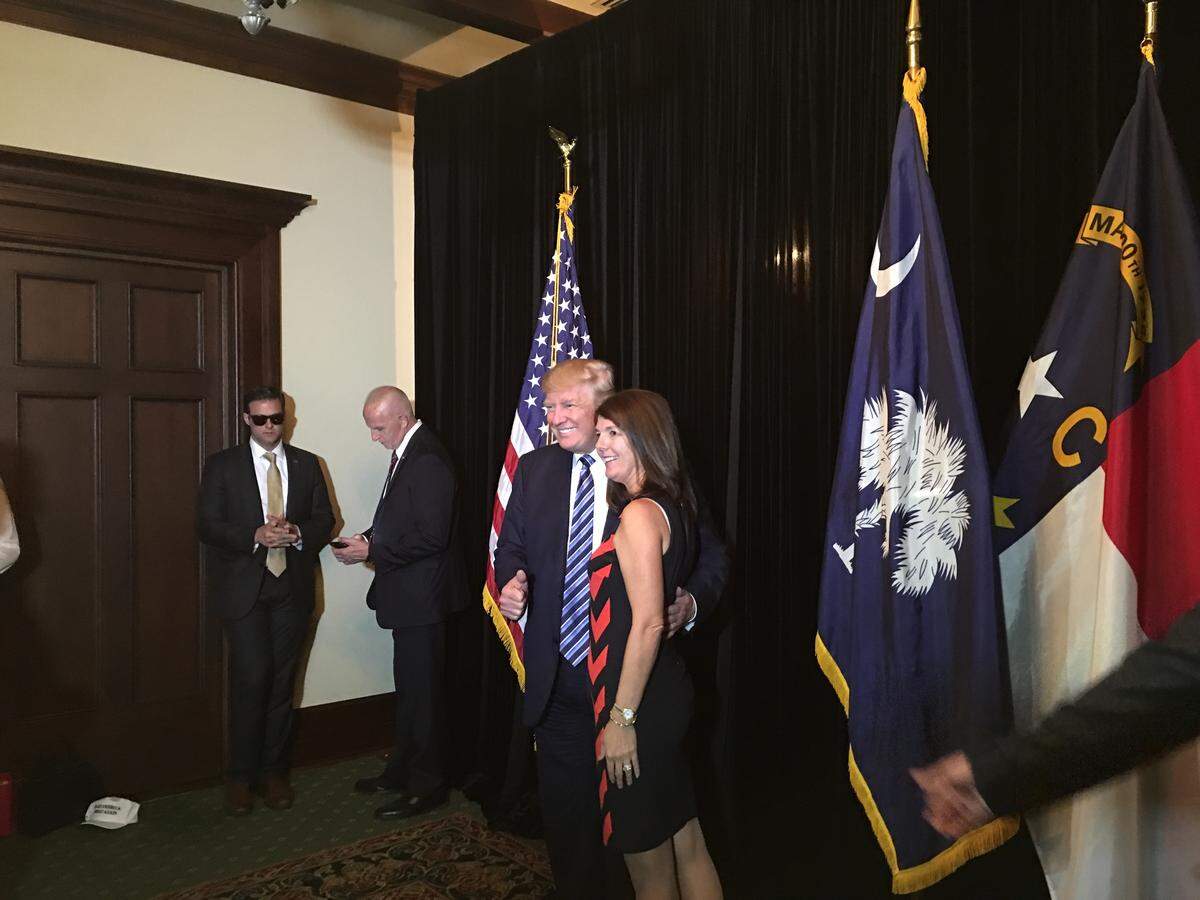 Then Republican presidential candidate Donald Trump and future Lt. Gov. Pamela Evette pose for a photo in October of 2016, at an event in Waxhaw, North Carolina.