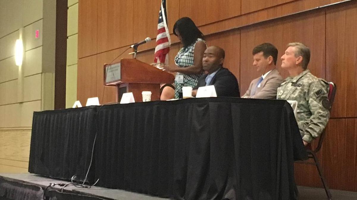 S.C. Democratic Party 2nd vice chair Melissa Watson, party chair Jaime Harrison, Charleston software developer Bratton Riley and Richland County Sheriff Leon Lott participate in a panel on ending the school-to-prison pipeline.