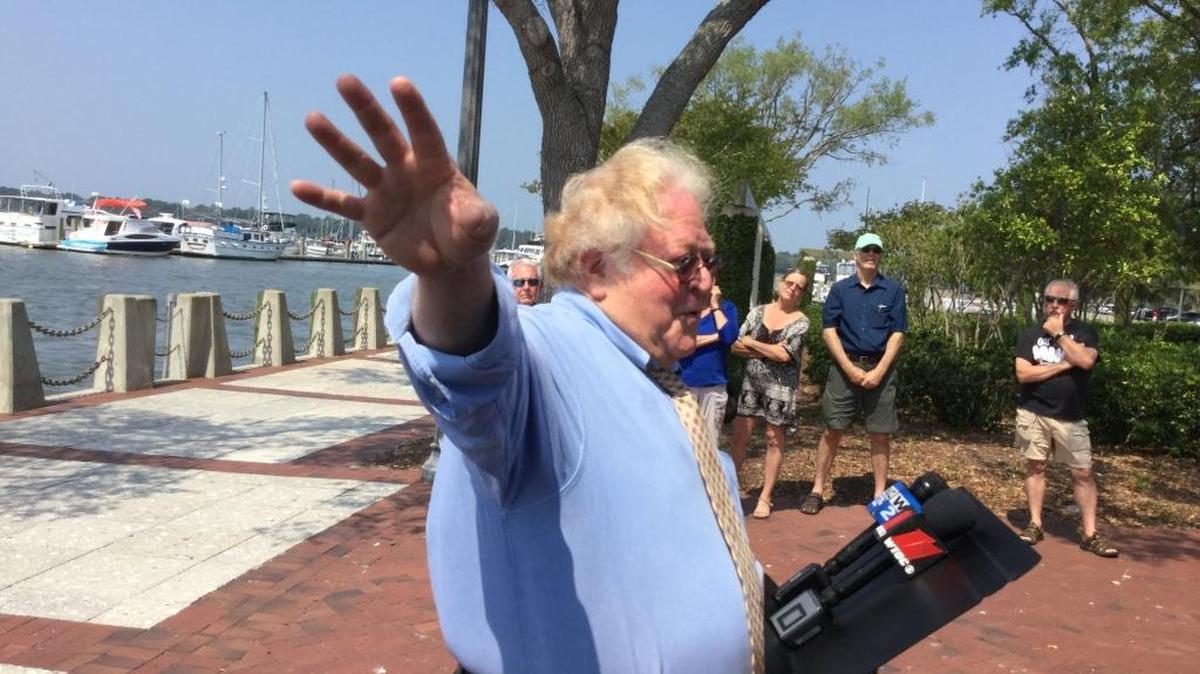 In this file photo from April 2017, Beaufort Mayor Billy Keyserling speaks to reporters and residents in Henry C. Chambers Waterfront Park in Beaufort. Keyserling stated opposition to President Donald Trump's executive order that could expand offshore drilling.