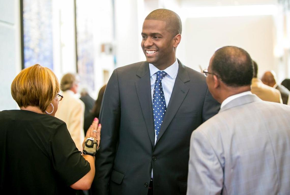 SC Rep. Bakari Sellers chats before the South Carolina Democratic Party 2015 Dem Weekend at the Columbia Convention Center.