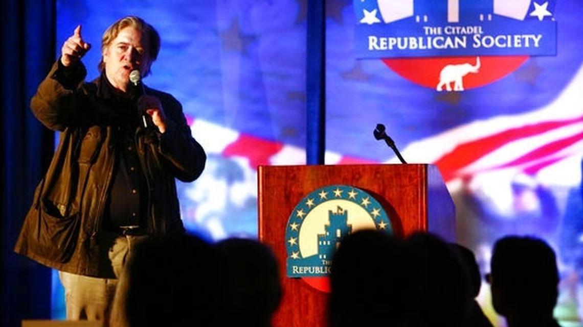Steve Bannon, the former White House strategist to President Donald Trump, speaks during an event at The Citadel in Charleston, S.C., Friday, Nov. 10, 2017. Bannon received an award from The Citadel Republican Society.
