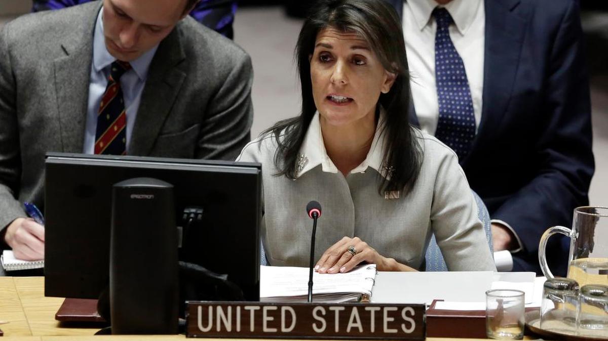 U.S. Ambassador Nikki Haley speaks in the Security Council at United Nations headquarters, Friday, Dec. 8, 2017.