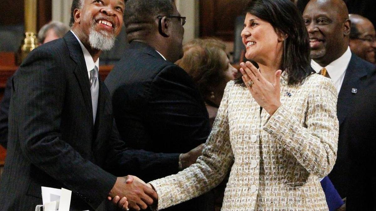 South Carolina Governor Nikki Haley greets Rep. Ronnie Sabb, D-Williamsburg inside the House Chamber Wednesday night after delivering her State of the State address.