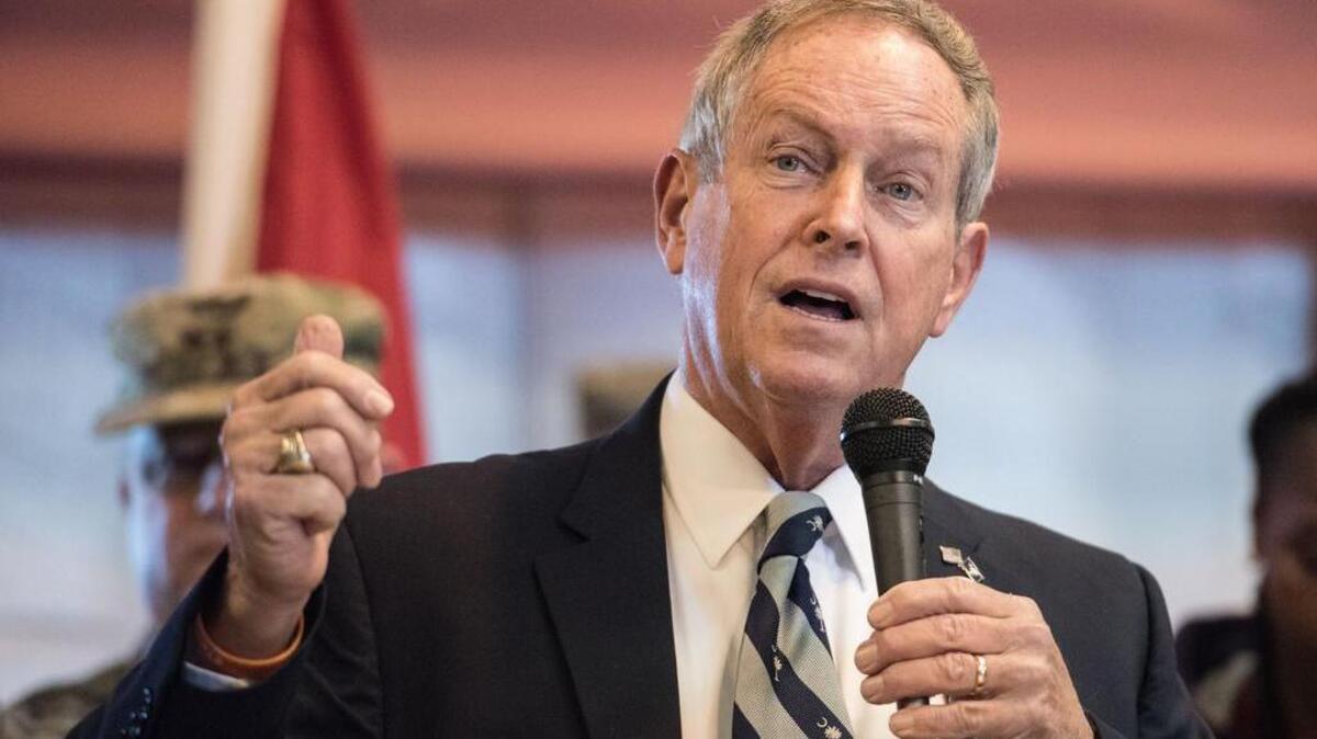 U.S. Rep. Joe Wilson speaks to members of the 742 Support Maintenance Company in the S.C. National Guard during a deployment ceremony at Eagle Aviation Sunday, Feb. 26, 2017 in West Columbia, S.C.