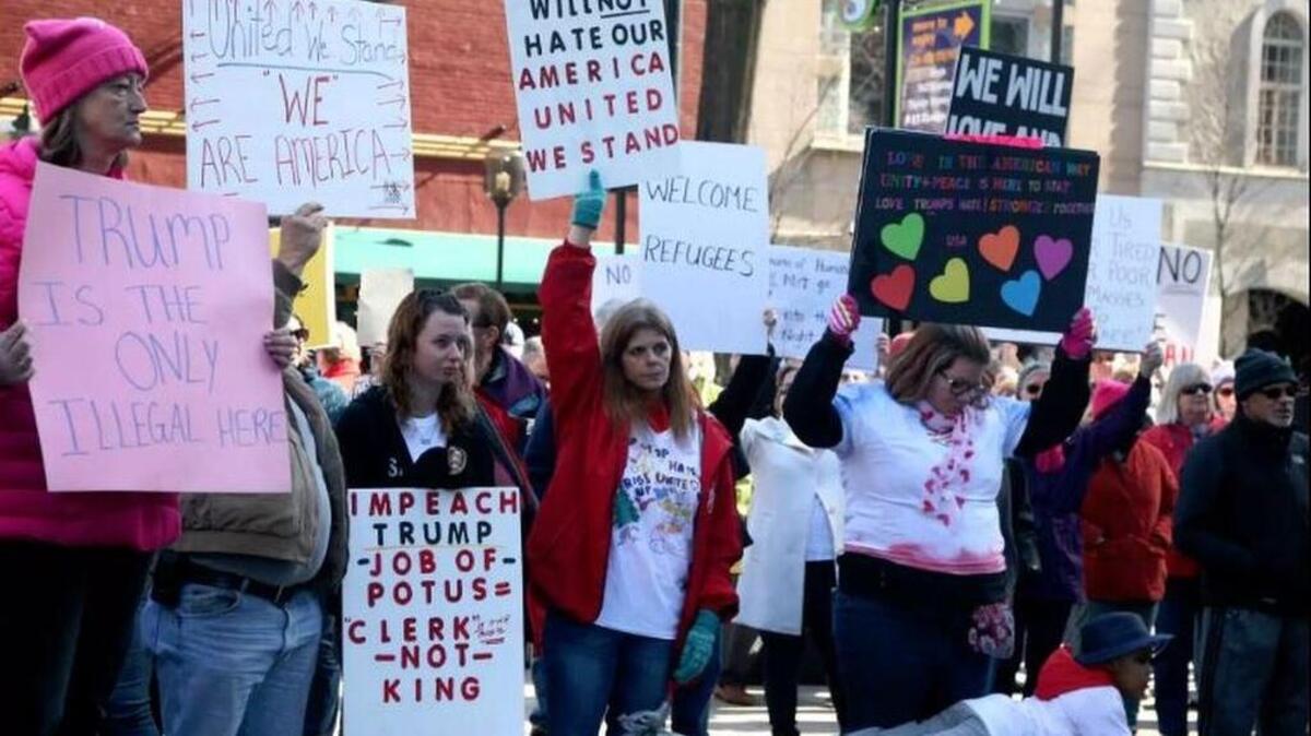 Several hundred people gathered at One City Plaza in Greenville on Saturday for the No Hate, No Fear, No Ban demonstration in response to President Trump's executive orders on immigration and refugee policies.
