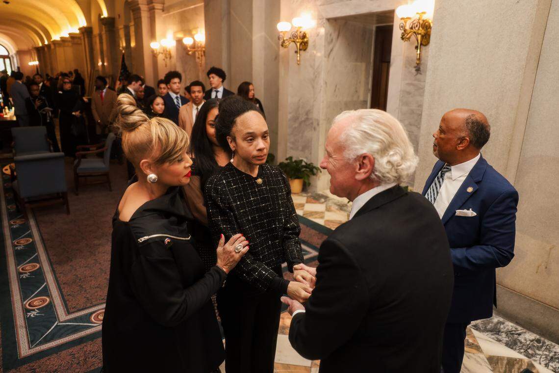 Gov. Henry McMaster meets with members of the Rev. Jesse Jackson’s family after a memorial service at the South Carolina State House on Monday, March 2, 2026.