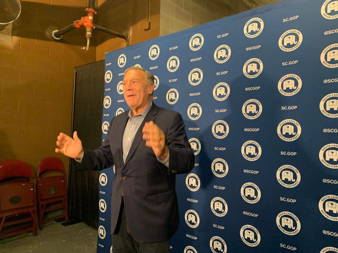 Former Secretary of State Mike Pompeo speaks to reporters before Congressman Jeff Duncan’s annual Faith and Freedom Barbecue in Anderson, S.C., on Aug. 22, 2022.