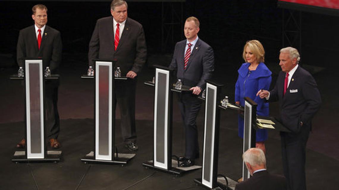 Republican candidates running for South Carolina governor, from left, Kevin Bryant, Yancey McGill, John Warren, Catherine Templeton and Gov. Henry McMaster debate at Clemson University in Clemson, S.C., Wednesday, May 23, 2018.