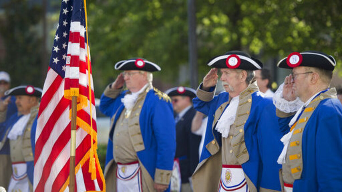 Members of the National Sojourners salute the flag as they present the colors at the annual Fourth of July ceremony honoring Georgia's signers of the Declaration of Independence in Augusta, Ga., on Wednesday, July 4, 2018.