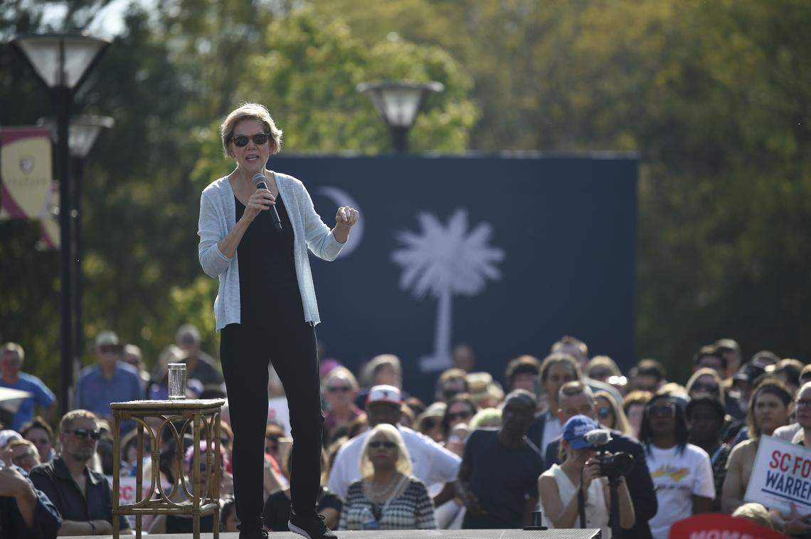 Democratic presidential hopeful Sen. Elizabeth Warren of Massachusetts addresses a crowd at Clinton College, an HBCU in Rock Hill, S.C., Saturday, Sept. 28, 2019. (AP Photo/Meg Kinnard)