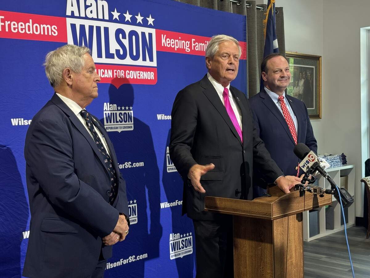U.S. Rep. Ralph Norman on Monday, June 15, 2026, speaks about why he endorsed Attorney General Alan Wilson for governor as Wilson’s father, U.S. Rep. Joe Wilson listens.