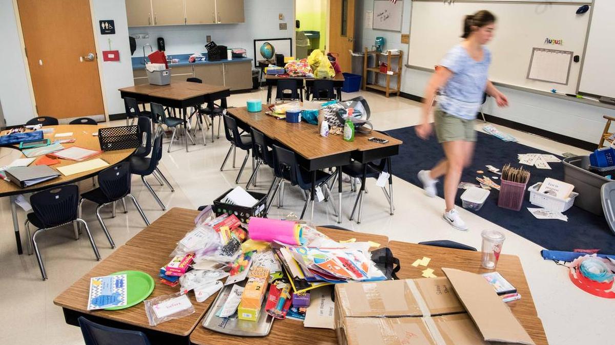 South Carolina lawmakers are still considering what future retirement plans should look like for new state workers, police officers, teachers and county and city workers. Pictured is first grade teacher Emily McCants at Doby's Mill Elementary School on August 9, 2017, in Lugoff, S.C.