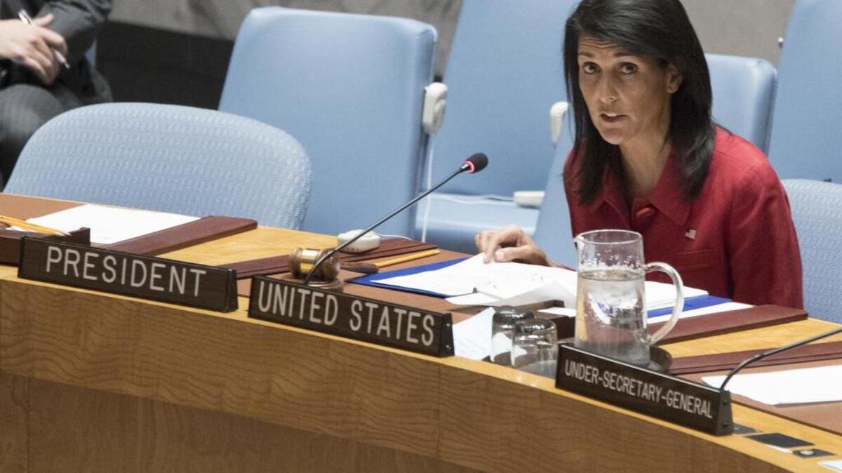 United States' Ambassador United Nations and current Security Council President Nikki Haley speaks during a Security Council meeting on the situation in Syria, Friday, April 7, 2017 at United Nations headquarters.
