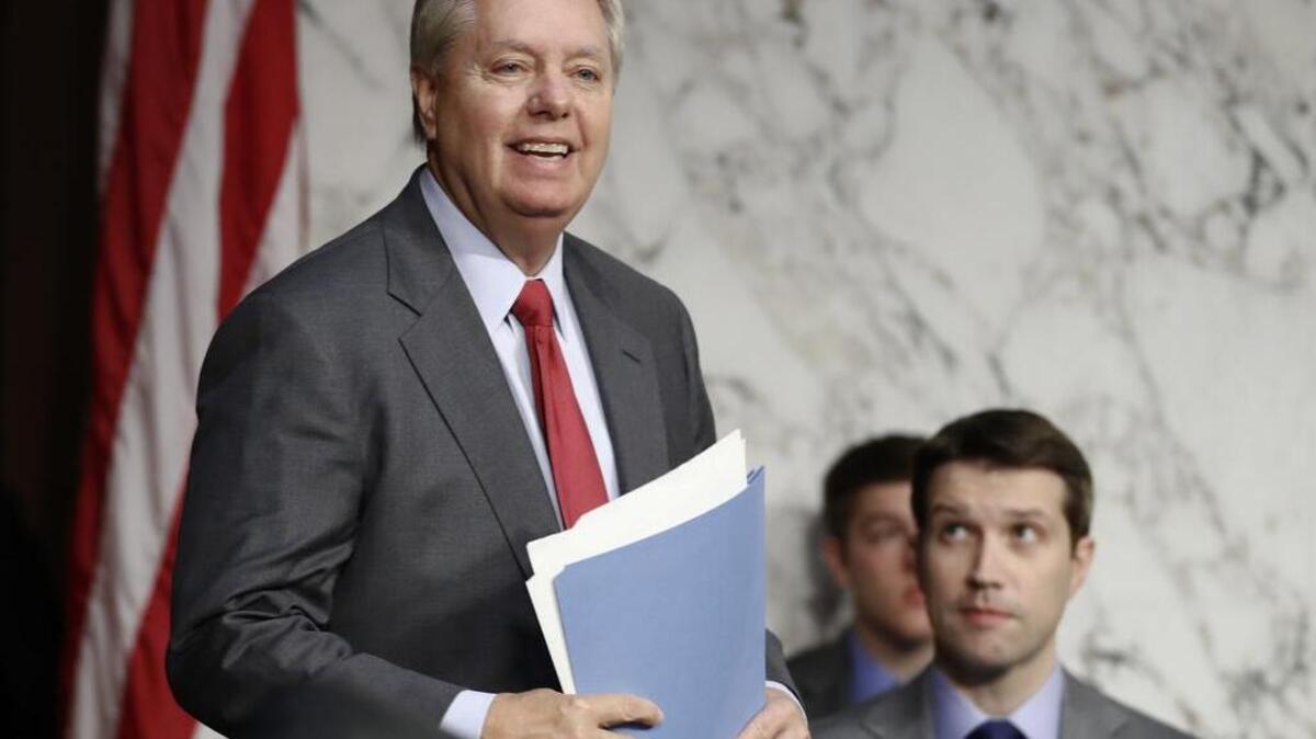 Senate Judiciary Subcommittee on Crime and Terrorism Chairman Sen. Lindsey Graham, R-S.C., arrives on Capitol Hill in Washington, Monday, May 8, 2017, before the start of the Senate Judiciary subcommittee on Crime and Terrorism hearing: "Russian Interference in the 2016 United States Election."