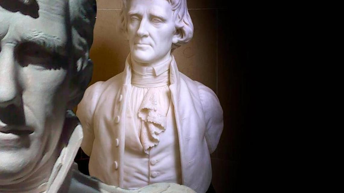 Busts of Presidents Andrew Jackson, front, and Thomas Jefferson