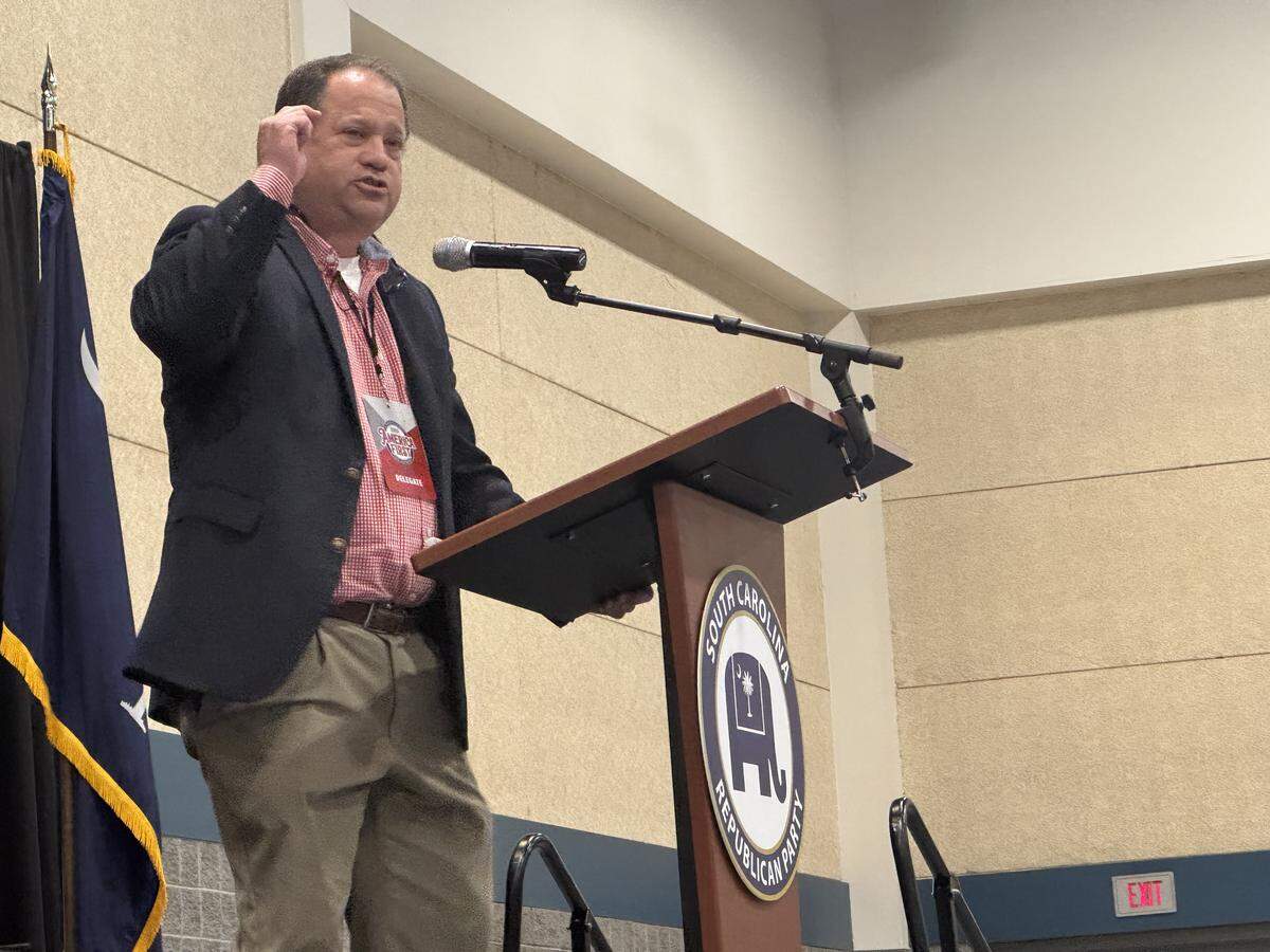 Former state Sen. Lee Bright speaks at the S.C. GOP convention on Saturday, May 3, 2025 in Columbia.