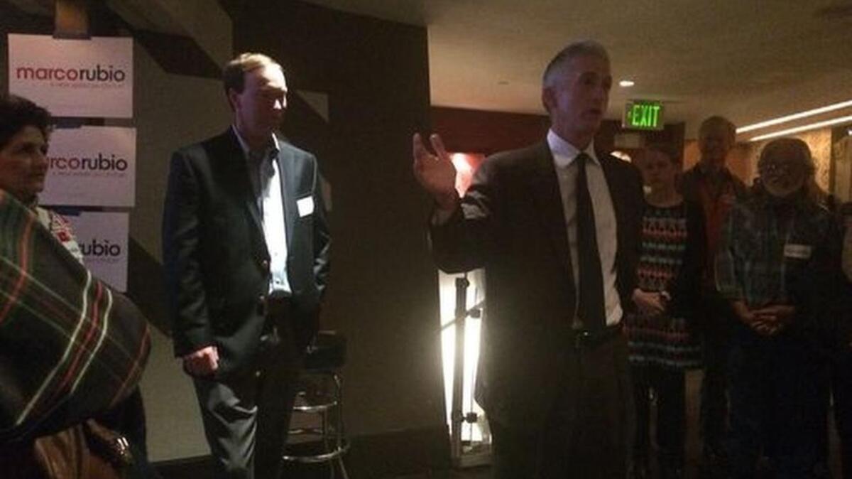 U.S. Rep. Trey Gowdy, right, speaks at a debate watch party for Marco Rubio supporters Saturday night at the Nose Dive Gastro Pub in downtown Greenville. Walt Wilkins, 13th Circuit solicitor, is to Gowdy's left.