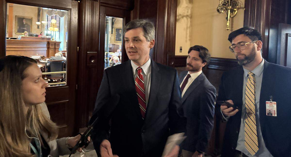 South Carolina State Senate Majority Leader Shane Massey talks to reporters about recent calls to redraw the state’s congressional maps on Tuesday, May 5, 2026. Massey said he has spoken with President Donald Trump twice in recent days.