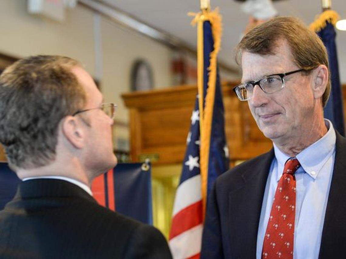 Lt. Gov. Kevin Bryant, left, speaks with State Sen. Richard Cash after speaking to media about pro-life, during a press conference at the Coach House restaurant in Simpsonville on Monday.